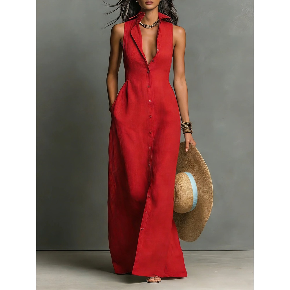 Modesees Red Linen Blend Sleeveless Maxi Shirt Dress Collared Button Front 2X